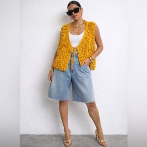 NWT Messic Fringe Shaggy Knit Vest XL Mustard Boho Tie Front Festival Western